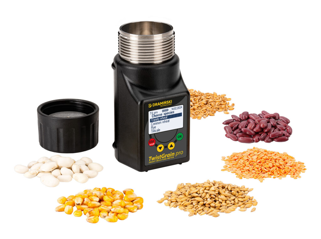 good recommended meter tester device for measuring testing checking moisture content of water in grains, rye, grass, coffee, nuts, with screw cap for grain compression