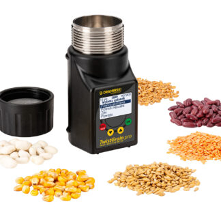 dobry polecany miernik tester aparat do pomiaru mierzenia badania sprawdzania wilgotności wilgoci zawartości wody zboża, żyta, trawy, kawy, orzechów, zakręcany z dociskiem ziarna